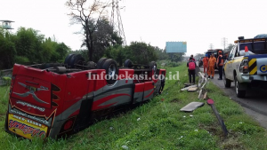 Ngebut di Jalan, Bus Lorena Terguling di Tol Jakarta-Cikampek